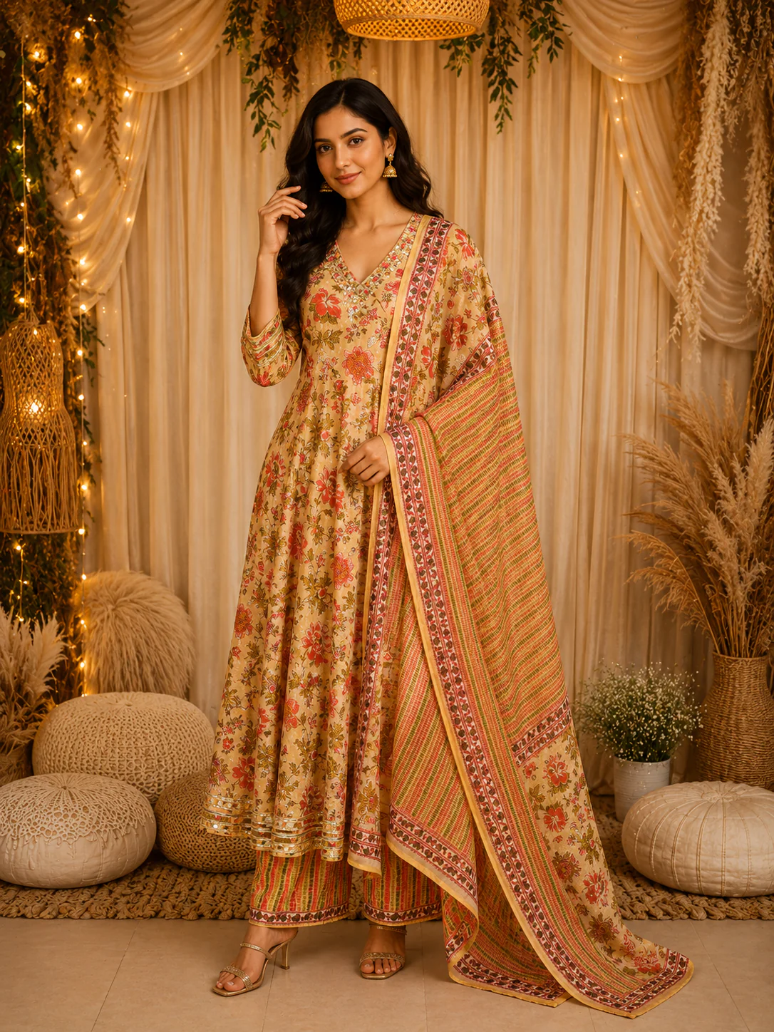 Light Peach Floral Printed Design Cotton Anarkali Salwar Suit with Dupatta